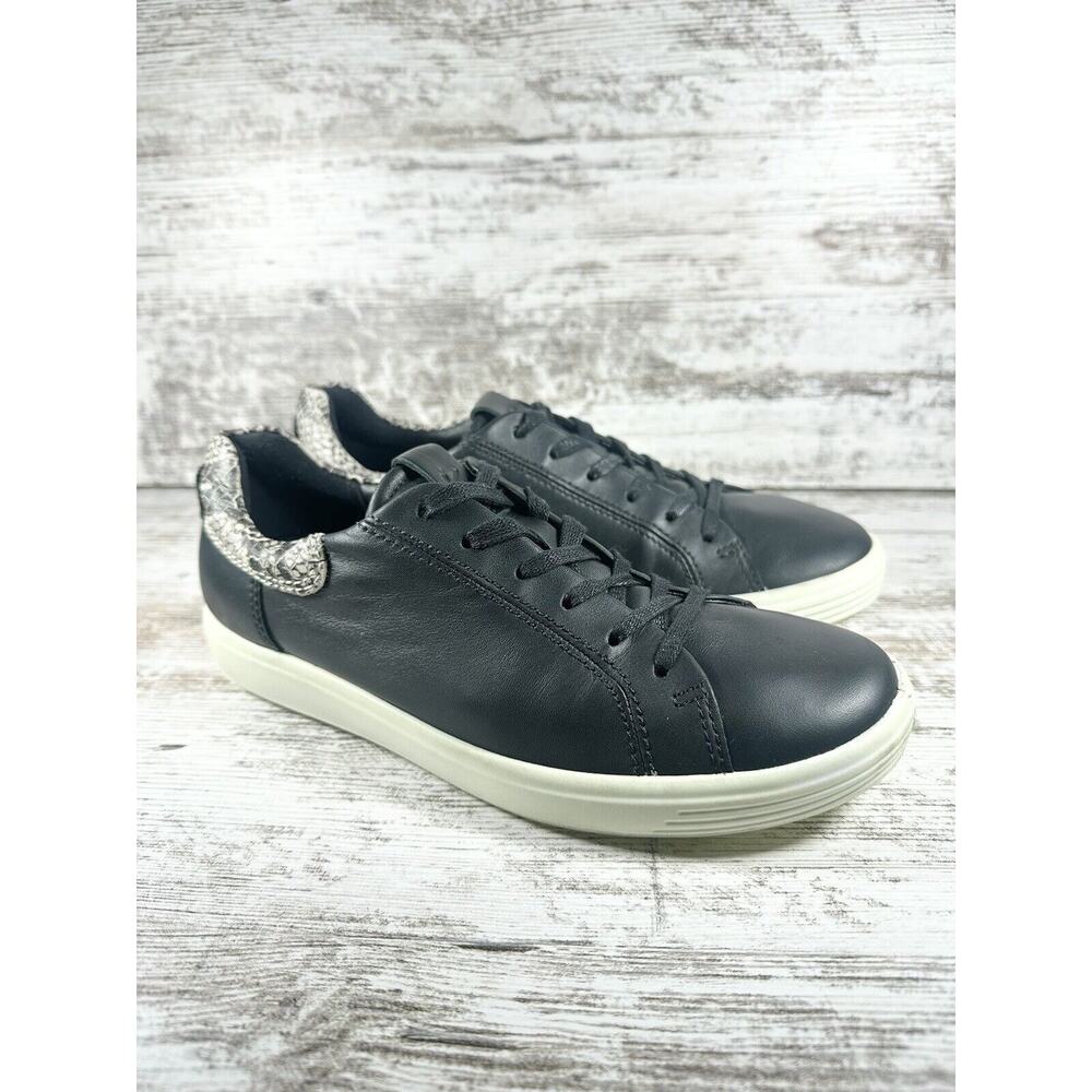 Ecco Black Leather Sneakers with White Sole and Silver Snake-Print Heel
